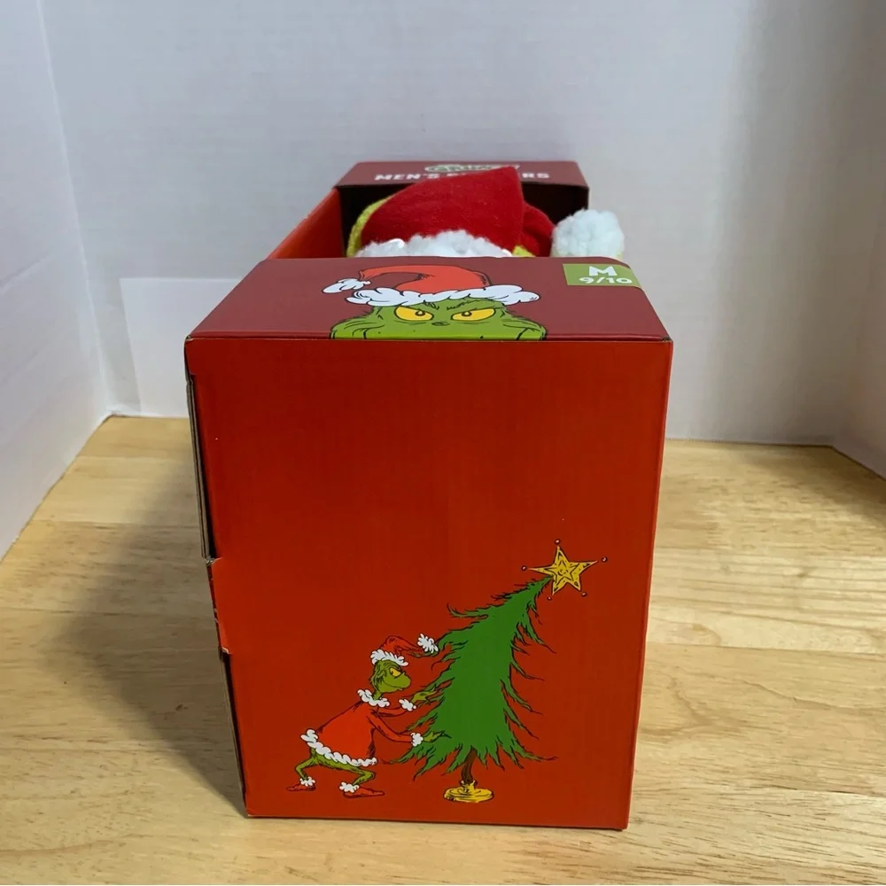 Dr Seuss Grinch Christmas Santa Hat Slippers‎ Slides Men's S 7/8 NEW